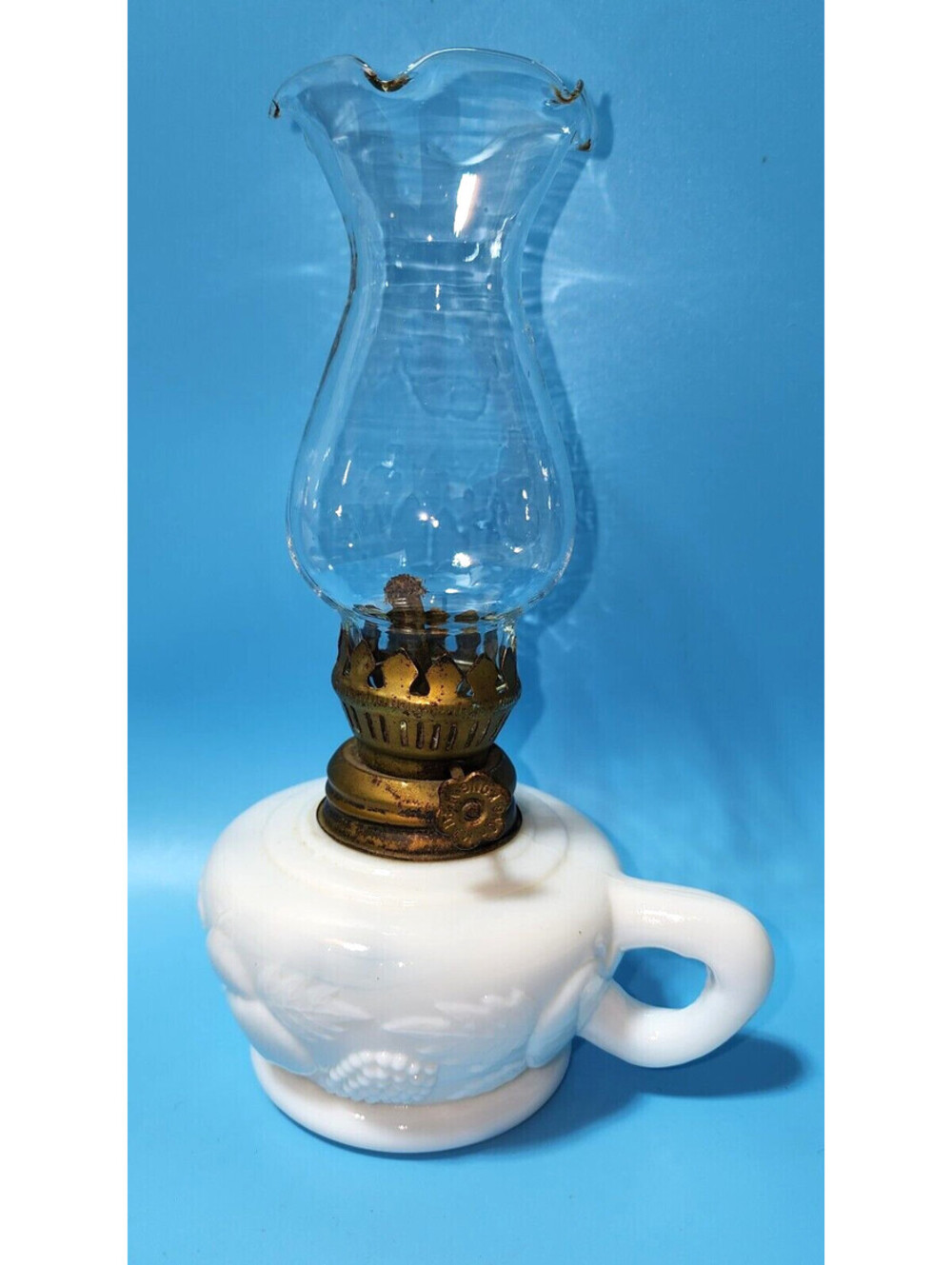 Vintage Miniature Milk Glass Oil Lamp w/Fruit Design Fluted Chimney